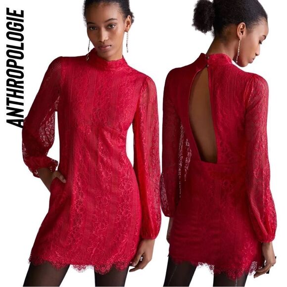 ANTHROPOLOGIE BY MAEVE OPEN BACK LACE MINI DRESS IN RASPBERRY SIZE 8 NWT CUTE - Picture 1 of 9